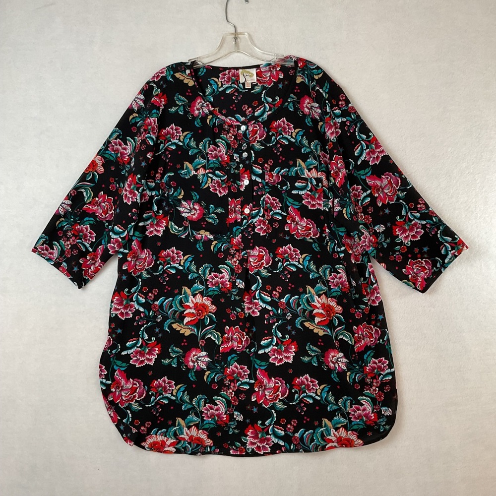 Fig and Flower Women 2X Floral Tunic Top Black Pink 3/4 Sleeve